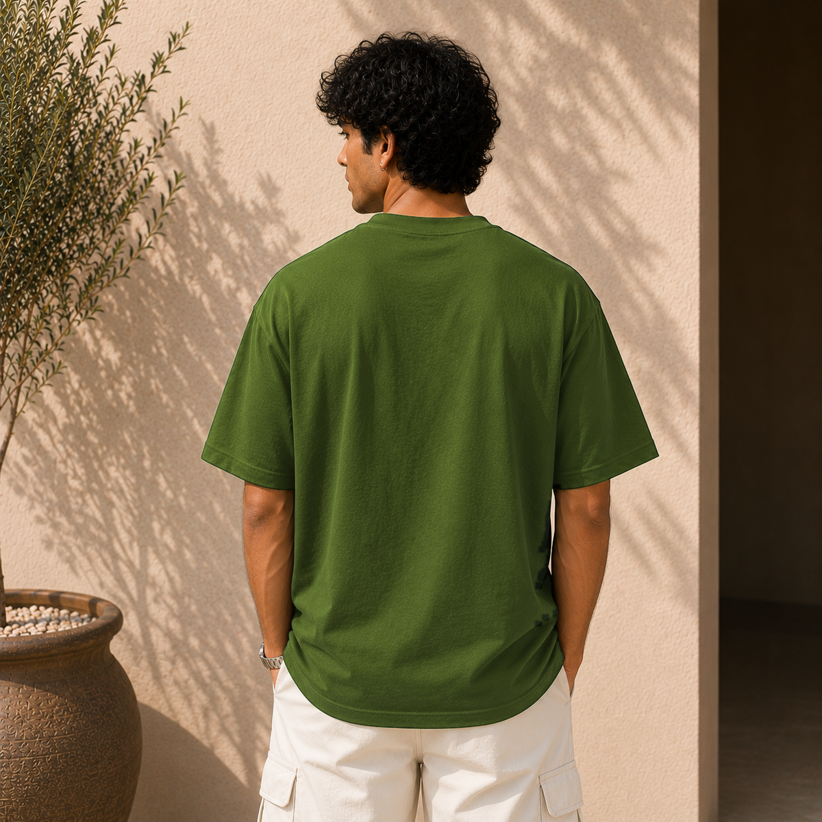 NORO Olive Green oversized t-shirt, heavyweight cotton, men's relaxed fit
